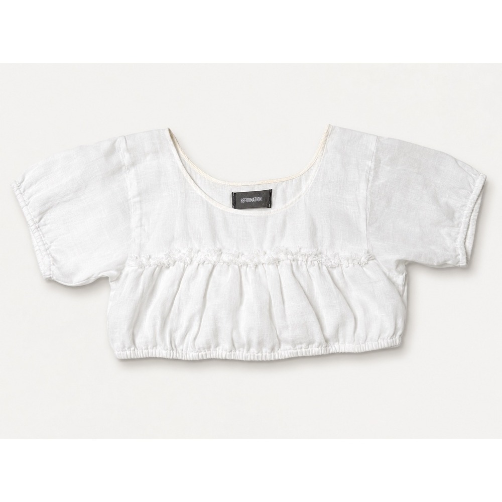 Reformation White Linen Blend Fringe Trim Puff Sleeve Crop Top XS Surplus Fabric